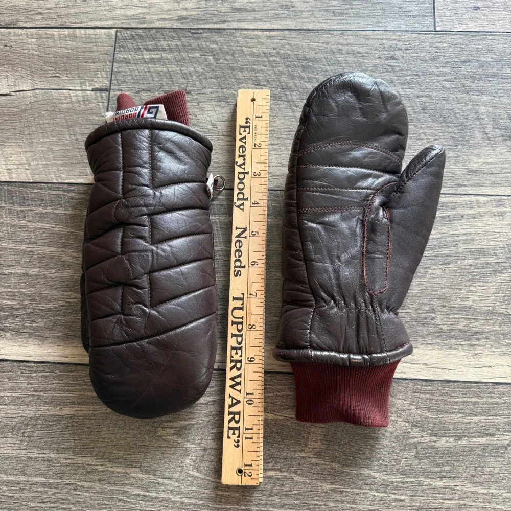 Gordini Vintage Brown Leather Quilted Mittens Women Small Burgundy Knit Cuff